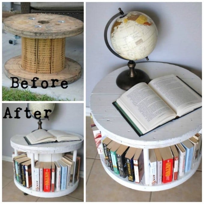 furniture upcycled cable spool into upcycle old bookshelf turn diy recycled table decor repurposed pink