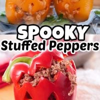 Pinterest title image for Halloween Stuffed Peppers.