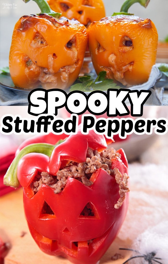 These Spooky Stuffed Peppers are the most fun and filling Halloween dinner. They are fresh bell peppers filled with a simple ground turkey and rice recipe.