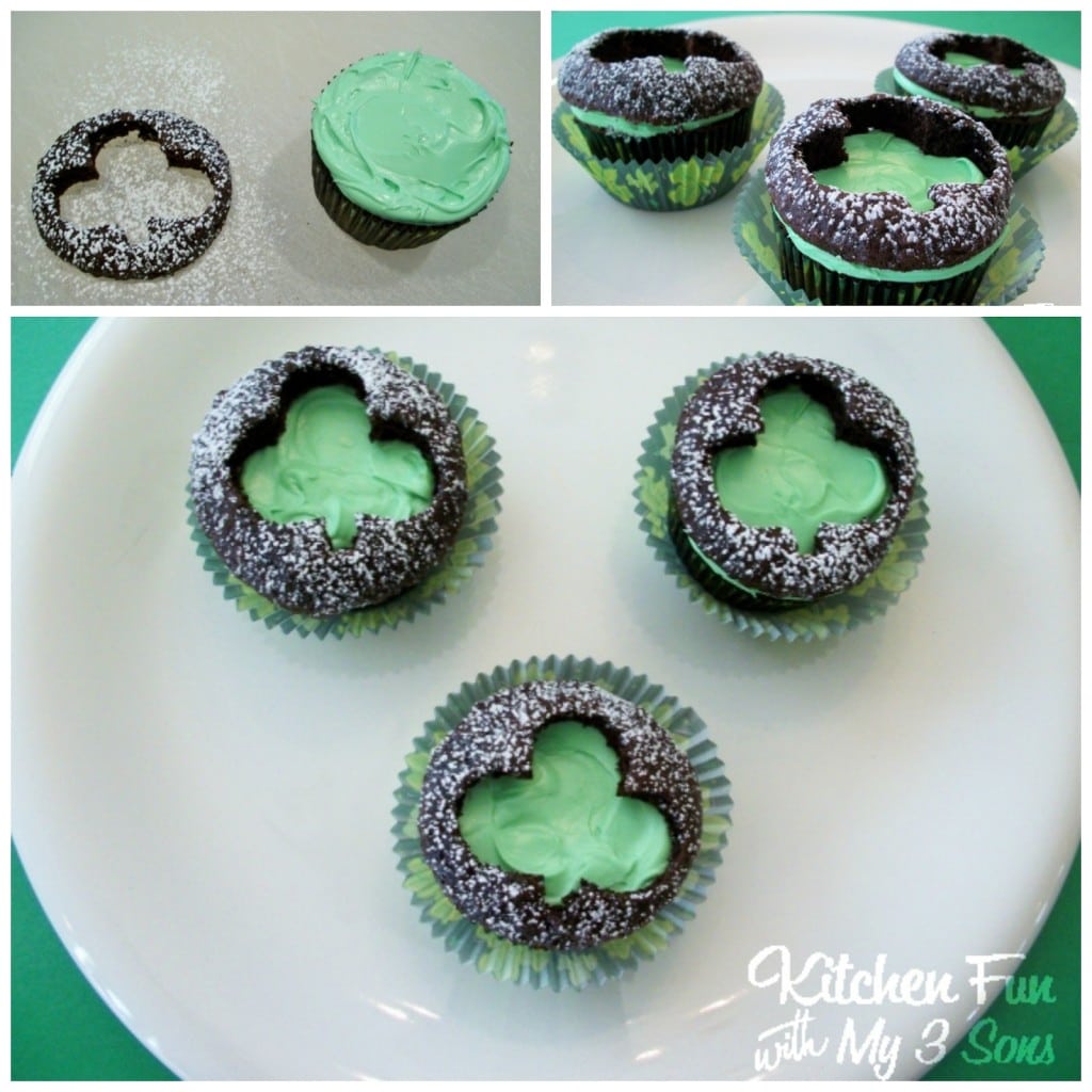St. Patrick's Day Clover Cut Out Cupcakes...so easy & cute! KitchenFunWithMy3Sons