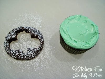 St. Patrick's Day Clover Cut Out Cupcakes...so easy & cute! KitchenFunWithMy3Sons