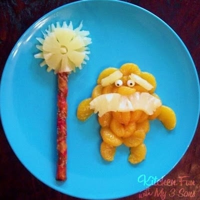 The Lorax Fruit Snack - your little Dr. Seuss fans are going to love this fun & healthy snack from KitchenFunWithMy3Sons.com