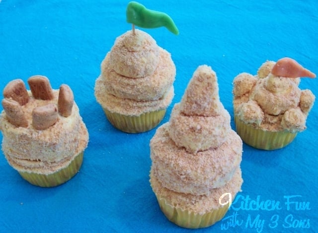 Sand Castle Beach Cupcakes using Marshmallows & Graham Crackers...so easy from KitchenFunWithMy3Sons.com