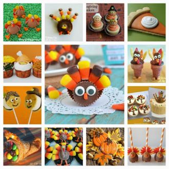 A collage of 13 images with each one showing a different turkey day dessert