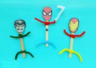 fun Marvel Heroes using Popsicle sticks, the hero head cut outs, & pipe cleaners