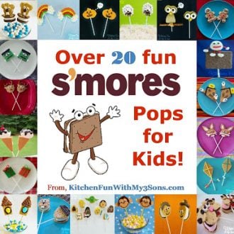A collage of 20 images of different smores dessert pops with a cartoon s'mores character in the middle