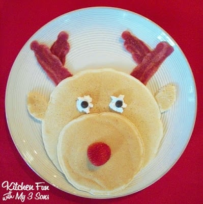 Rudolph the Red Nose Reindeer Pancakes for a fun Christmas Breakfast from KitchenFunWithMy3Sons.com