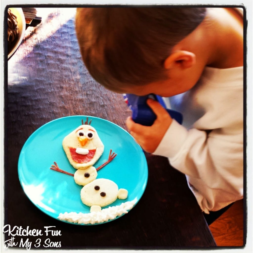 Here is my little 3 year old taking his own Olaf Pancake pictures for our blog.