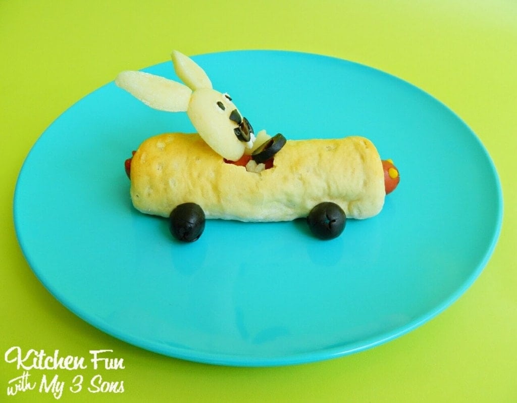 Cheese bunny in a pig in a blanket race car 