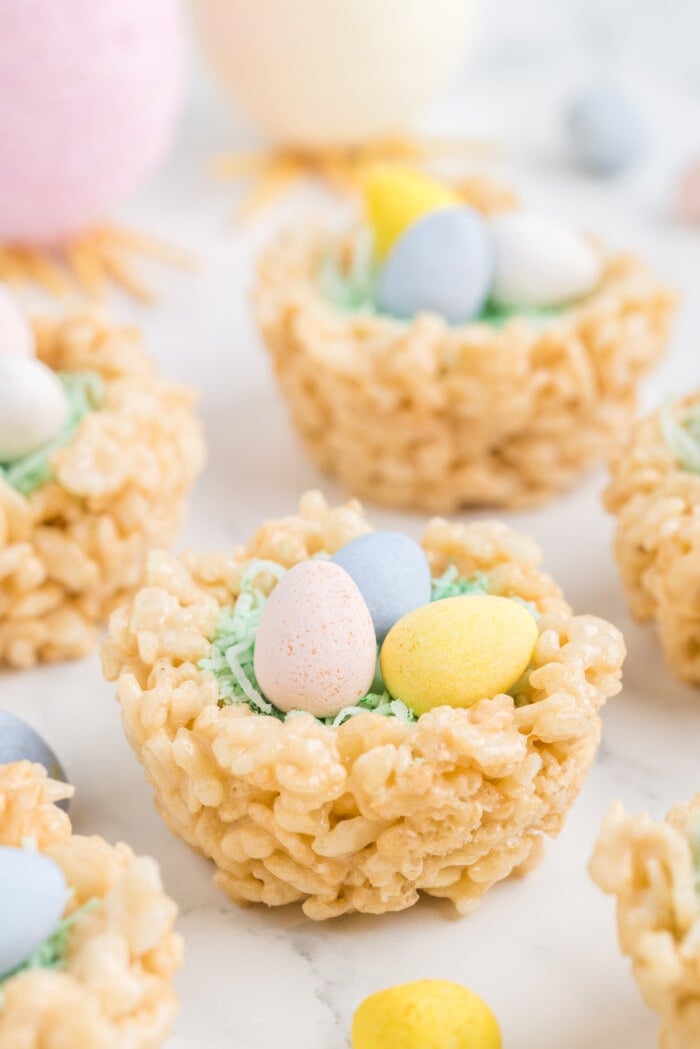 Rice Krispie Bird Nest on a table.