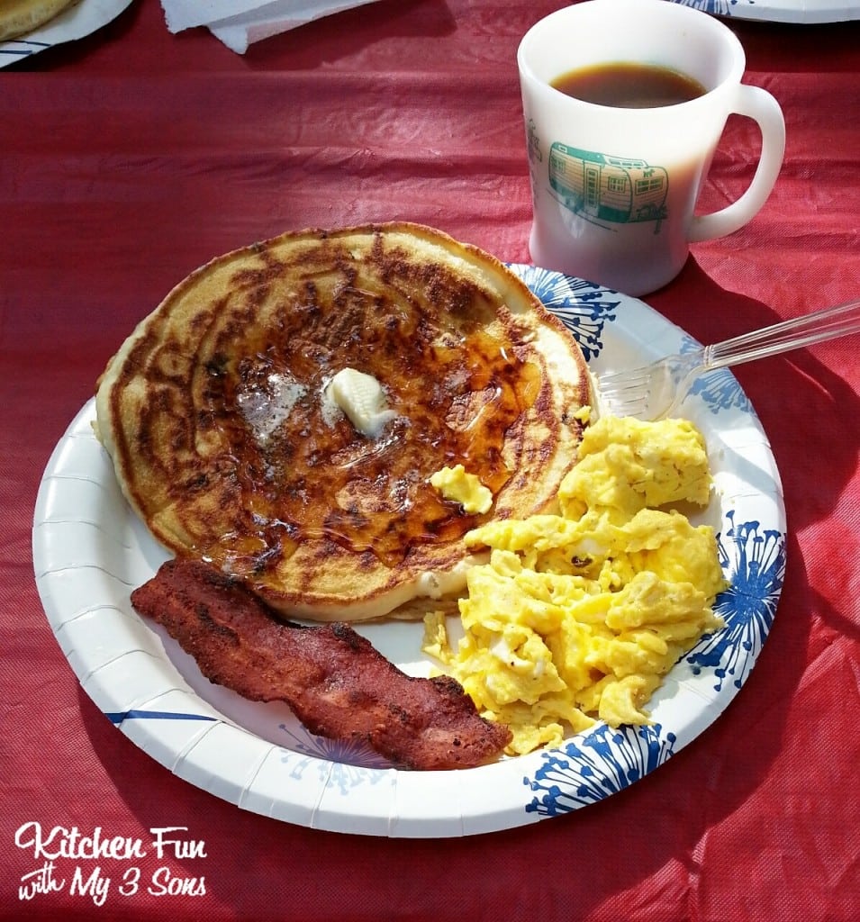 My boys & husbands favorite breakfast on camping trips is always a giant pancake with eggs, & bacon