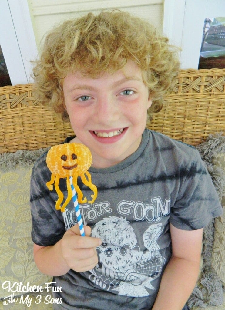 Isn't this SO easy & fun! Here is my oldest with his Octopus Fruit Snack