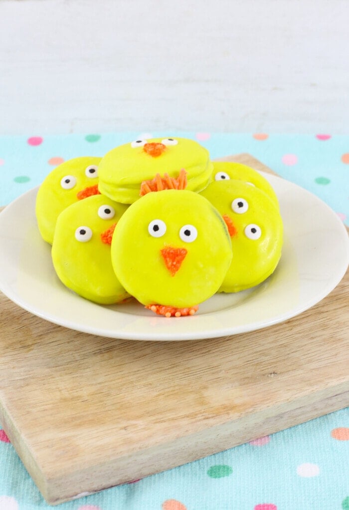 Oreo Easter Chick Cookies on a plate.