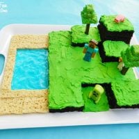 Minecraft cake on a serving tray