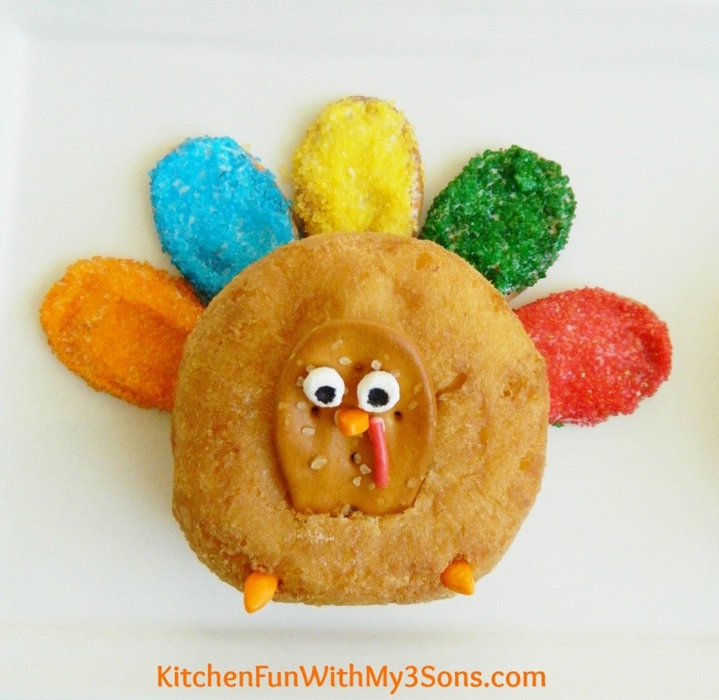 Turkey Donuts...a fun Thanksgiving treat for the kids and for class parties at school from KitchenFunWithMy3Sons.com