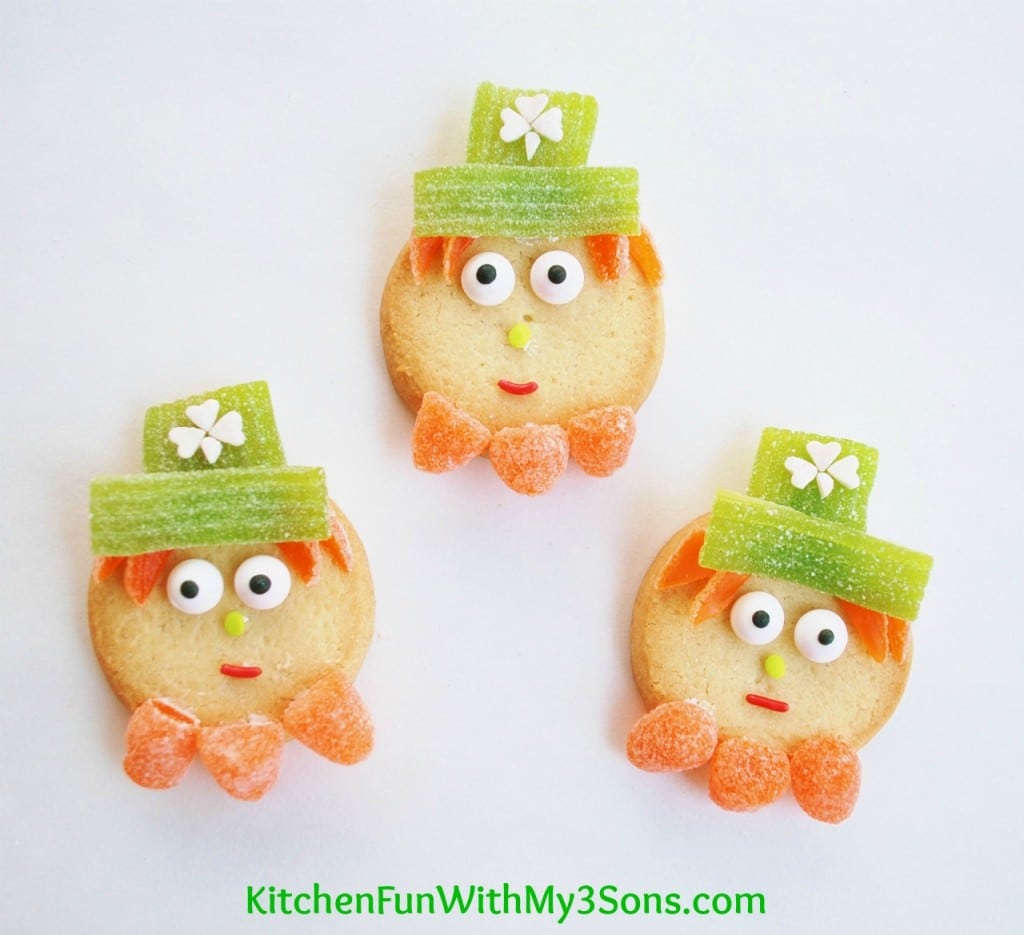 Easy St. Patrick's Day Leprechaun Cookies using premade cookies & gumdrops! KitchenFunWithMy3Sons.com