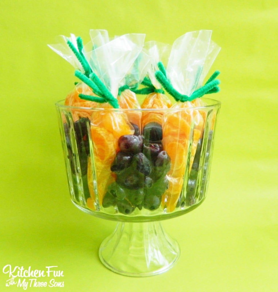 Fruit Carrots in Grape Dirt Snack for a Preschool Easter Party! KitchenFunWithMy3Sons.com