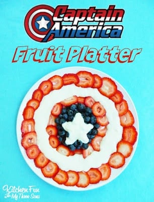 The Avengers Party with a easy Captain Amercian Fruit Platter from KitchenFunWithMy3Sons.com