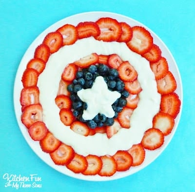 The Avengers Party with a easy Captain Amercian Fruit Platter from KitchenFunWithMy3Sons.com