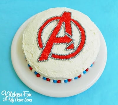 The Avengers Birthday Party Sprinkle Cake...takes minutes to make from KitchenFunWithMy3Sons.com