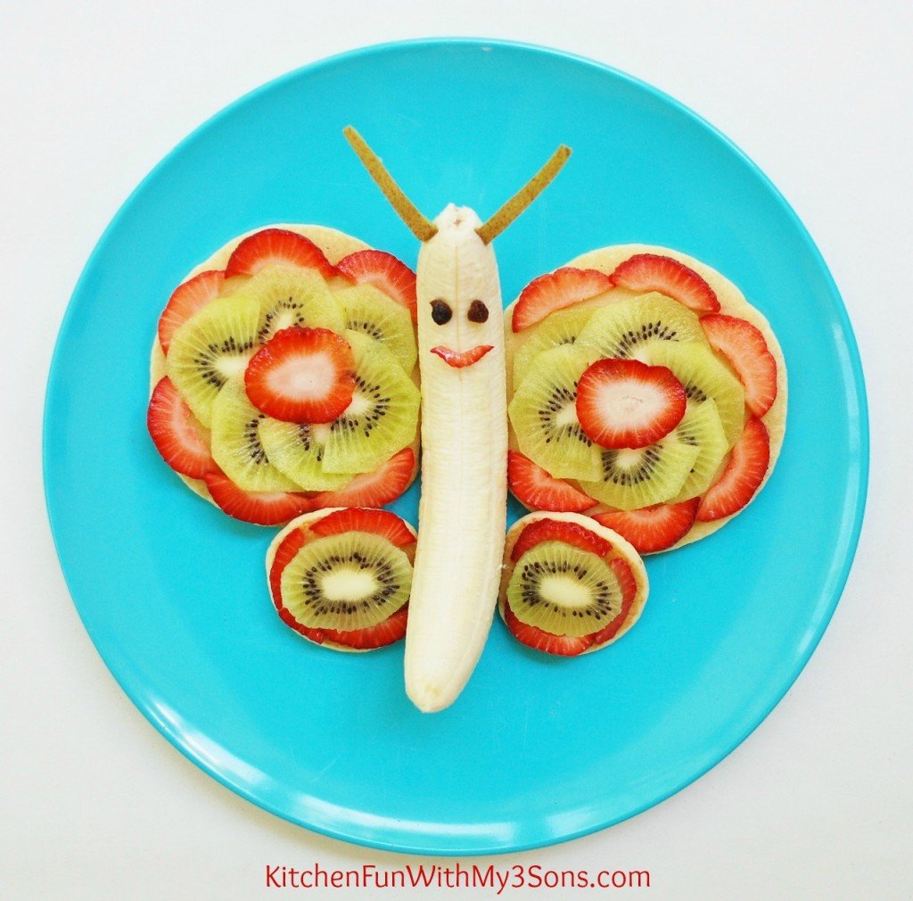 Butterfly Breakfast made with pancakes & fruit. A healthy breakfast for the kids or easy enough for the kids to make mom on Mother's Day! KitchenFunWithMy3Sons.com