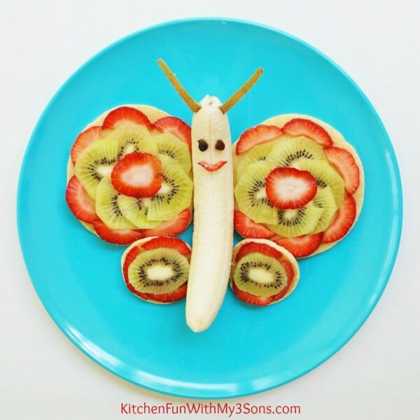 Butterfly Pancakes and Fruit Breakfast on a blue plate00