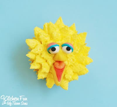 Easy Big Bird Cupcakes for your little Sesame Street fans decorated with Starburst & Sprinkles from KitchenFunWithMy3Sons.com