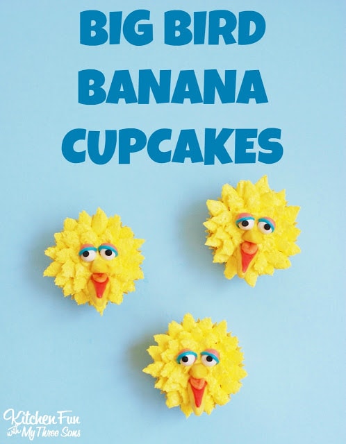 Easy Big Bird Cupcakes for your little Sesame Street fans decorated with Starburst & Sprinkles from KitchenFunWithMy3Sons.com