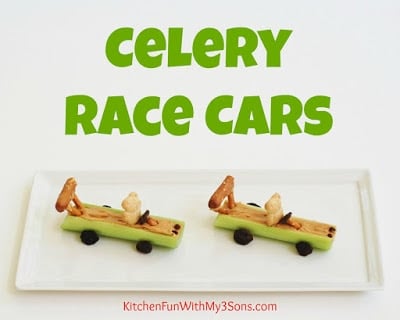 Healthy Kids Snack - Celery Race Cars from KitchenFunWithMy3Sons.com