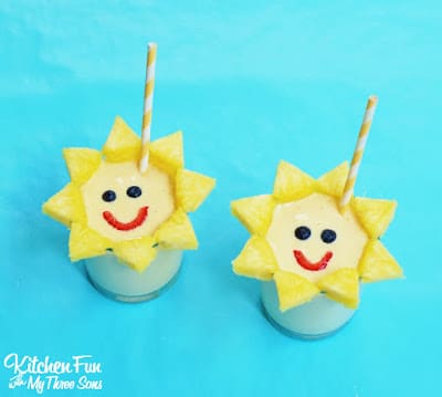 Sunshine Smoothie...so easy to make and a fun way to get the kids to eat a healthy breakfast for snack! KitchenFunWithMy3Sons.com
