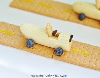 Banana Race Car Teddy Snacks...so easy & cute from KitchenFunWithMy3Sons.com