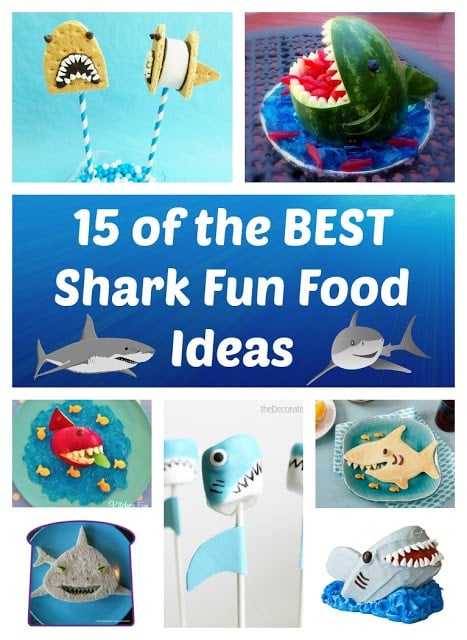 A collage of images of different shark-themed food items