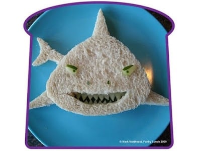 A sandwich cut and decorated to look like a great white shark