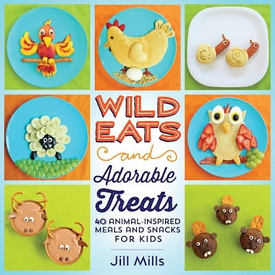 A collage containing 7 images of various animal-themed dishes from Jill Mills' beginner-friendly cookbook
