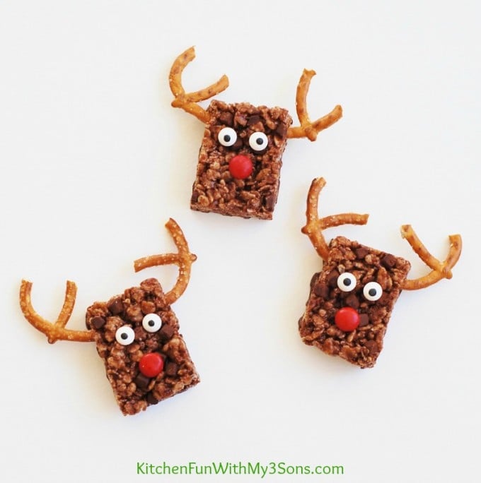 Rudolph the Red Nose Reindeer Chocolate Rice Krispie Treats for Christmas using only 4 ingredients...so easy from KitchenFunWithMy3Sons.com