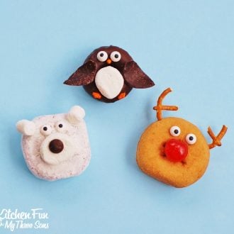 Easy Christmas Polar Bear, Penguin, & Rudolph the Red Nose Reindeer Mini Donuts from KitchenFunWithMy3Sons.com
