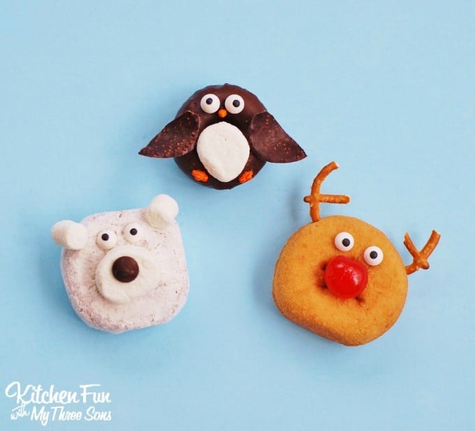 Easy Christmas Polar Bear, Penguin, & Rudolph the Red Nose Reindeer Mini Donuts from KitchenFunWithMy3Sons.com
