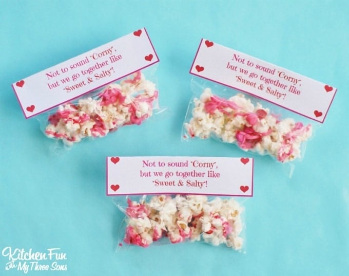 Valentine's Day Snack - White Chocolate Popcorn with a Free Printable from KitchenFunWithMy3Sons.com