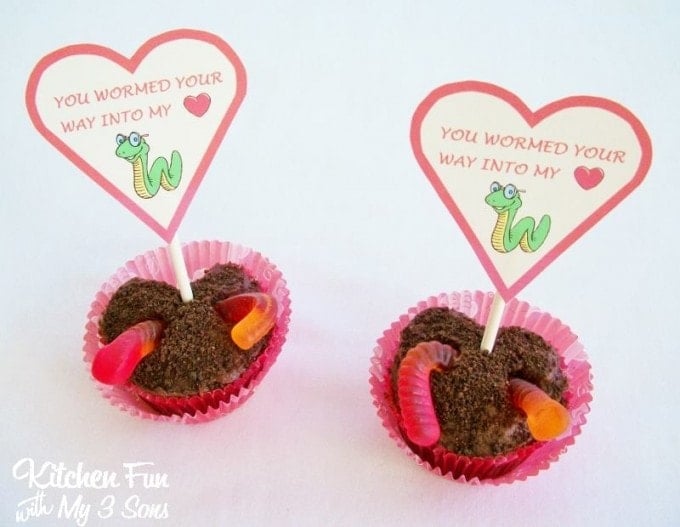 Valentine's Day Gummy Worm Heart Shaped Cupcakes from KitchenFunWithMy3Sons.com