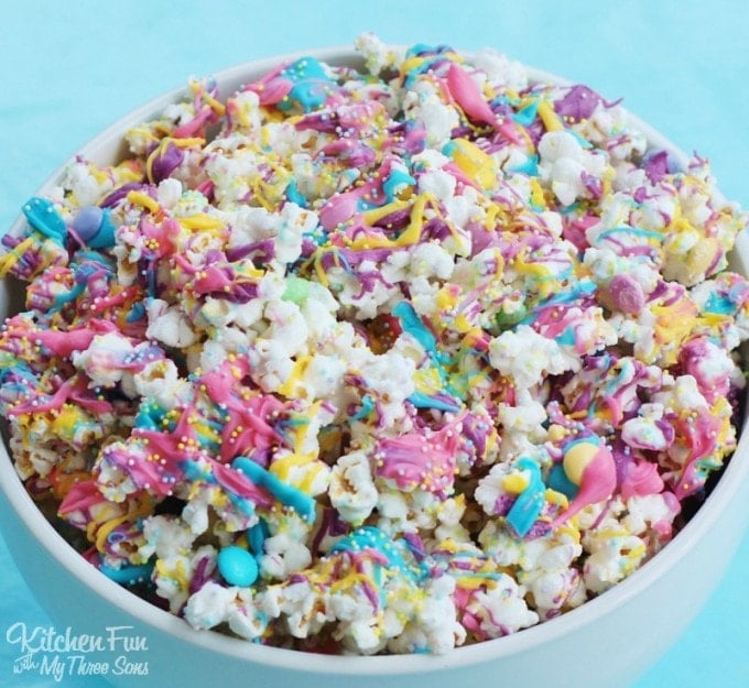 Easter Bunny Bait White Chocolate Funfetti Popcorn with a Free Printable from KitchenFunWithMy3Sons.com