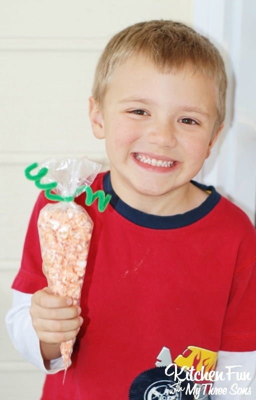 Boy with Easter Popcorn Carrot treat bag