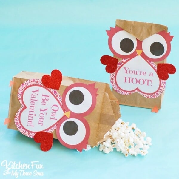 Valentine Owl Paper Treat Bag with a Free Printable...a fun craft the kids can make & give to their friends on Valentine's Day from KitchenFunWithMy3Sons.com