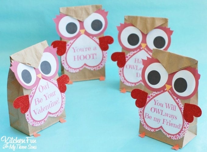 Valentine Owl Paper Treat Bag with a Free Printable...a fun craft the kids can make & give to their friends on Valentine's Day from KitchenFunWithMy3Sons.com