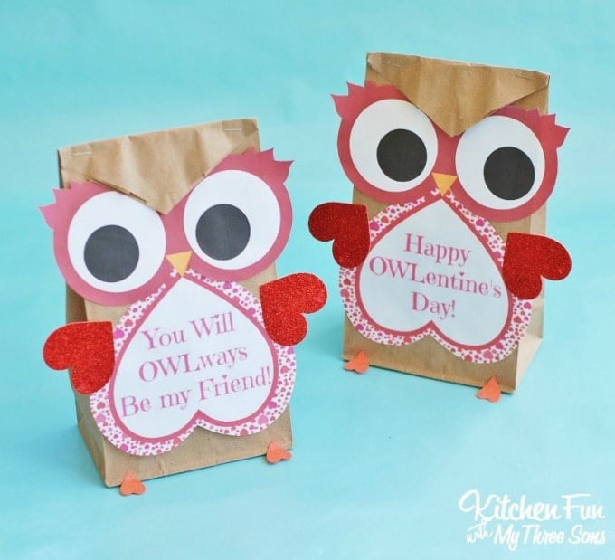 Valentine Owl Paper Treat Bag with a Free Printable...a fun craft the kids can make & give to their friends on Valentine's Day from KitchenFunWithMy3Sons.com