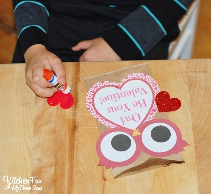 Valentine Owl Paper Treat Bag with a Free Printable...a fun craft the kids can make & give to their friends on Valentine's Day from KitchenFunWithMy3Sons.com