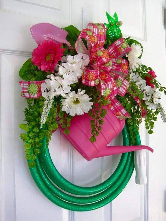 DIY Spring Flower, Hose, & Watering Can Wreath