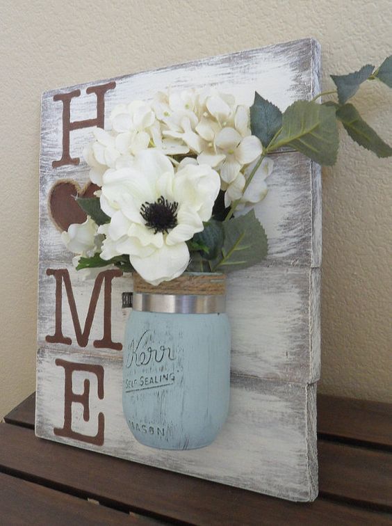 Mason Jar Flowers "Home" Wood Wall Hanging 