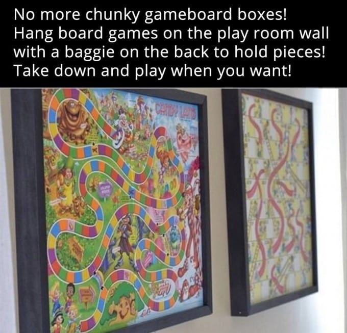 Game Board Storage Art...what a great idea for a Play Room!