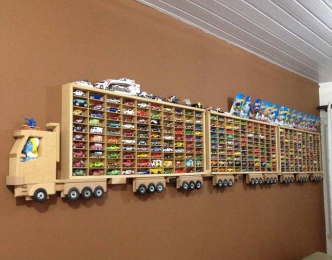 Large Wooden Semi Truck Hanging Storage Shelf for Hot Wheels and Matchbox Cars – Nearly 5 Feet Long! These are the BEST Family Organizing Ideas!