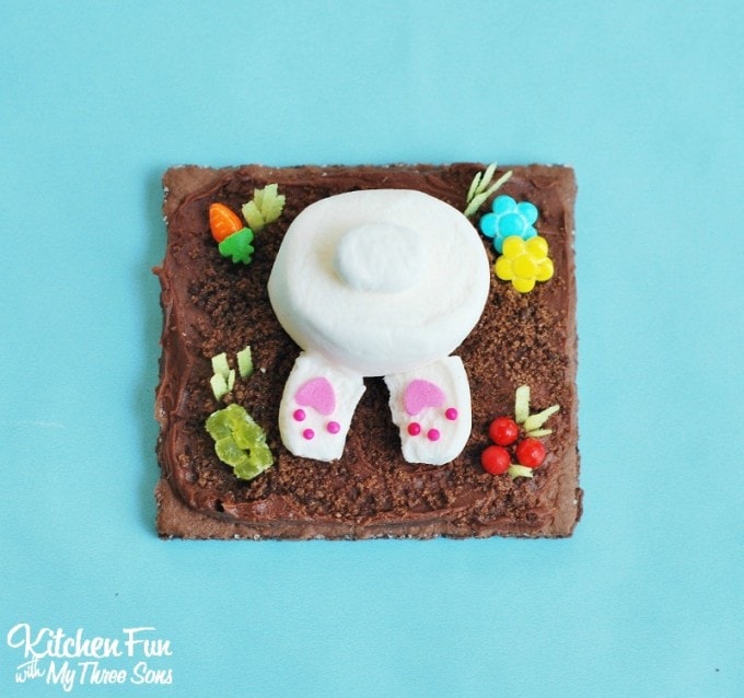 Easy Garden Bunny Butt Cookies made with Graham Crackers, Marshmallows, & Sprinkles...so cute for Easter! KitchenFunWithMy3Sons.com